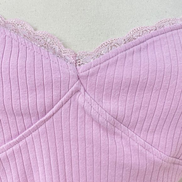 Pac Cares Pink Crop Baby Doll Halter Top Medium Ribbed Knit Lace Boho Fairy Goth - Picture 4 of 9